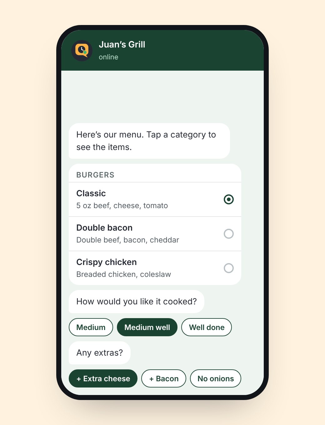 WhatsApp chat with the menu by category and cooking and add-on options.