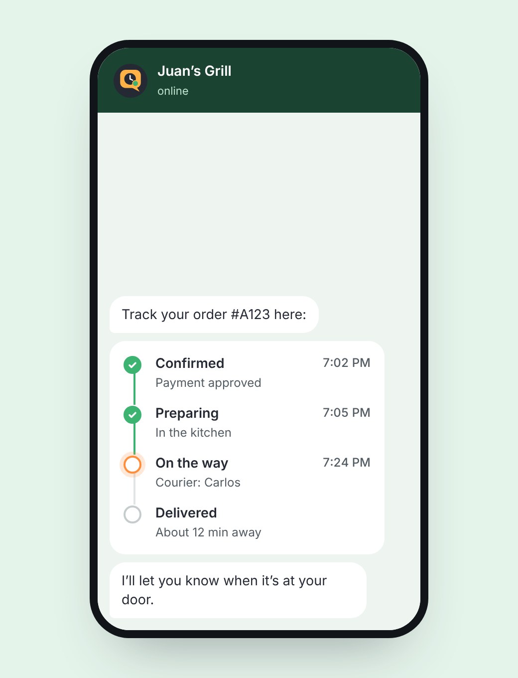 Order tracking with confirmed, preparing, on the way and delivered steps.